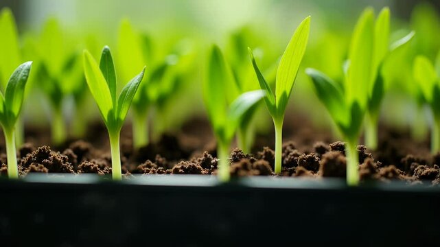 Sprouts grow and reach for sunlight, transforming a tray of soil into a vibrant green patch over time