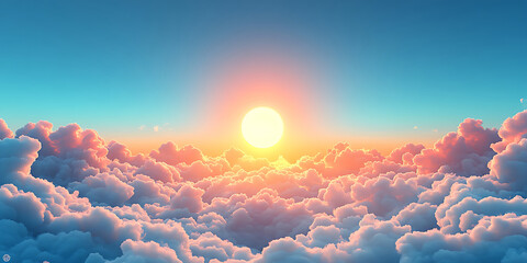 Dreamy sky landscape with cotton candy clouds and a radiant sun setting painting the sky in soft pastel tones a serene view