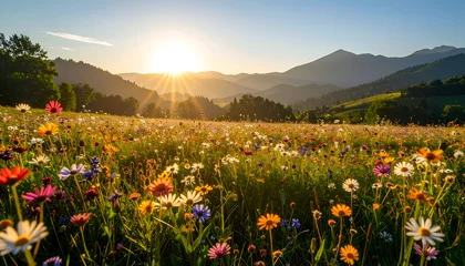 Foto auf Acrylglas Pflegezentrum A bright and colorful meadow full of blooming wildflowers under a clear sky, showcasing vibrant petals, soft grass, and natural beauty in full detail.  © LV stocks
