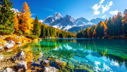 Obraz premium A pristine alpine lake mirrors majestic snow-capped mountains and pine trees, with vibrant colors and glass-like stillness in stunning 4K resolution.