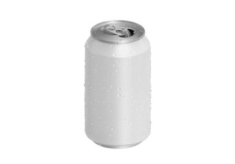 Open white Aluminum soda can with water drops, transparent background