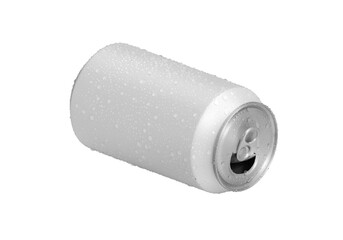 Open white Aluminum soda can with water drops, transparent background