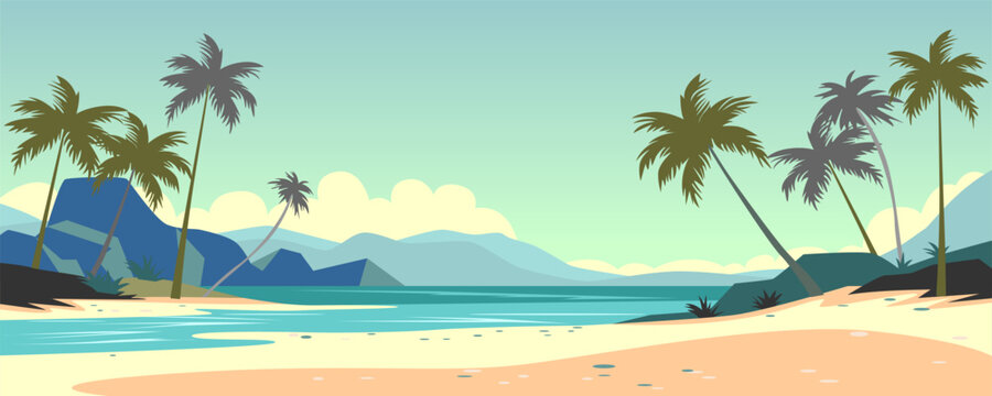 Tropical beach landscape with coconut palms. Paradise beach landscape. Beach in the tropics with beautiful palm trees, mountains and blue waves. Vector illustration of a sandy bay.