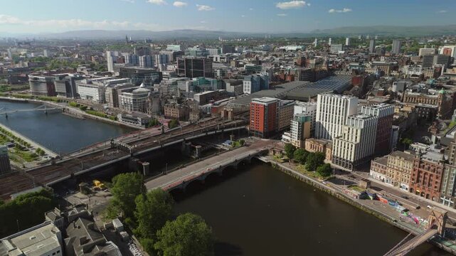 Glasgow Scotland: 18th May 2025: Bridges over the River Clyde on a sunny day. Caledonian Railway Bridge near Central Station. 360 degree drone pano