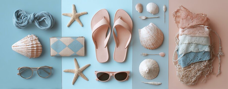 Pastel 4th of July Scene, Pastel beach accessories in minimal flat lay for US Independence Day, negative space design with soft patriotic summer mood, Pastel 4th of July Scene, Minimal Summer Holiday 