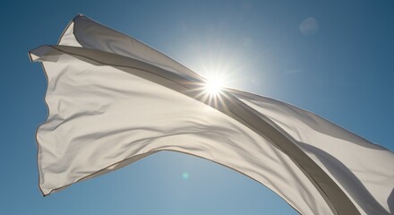 白布が青空の下で輝き舞う 太陽光が織りなす美しいシルエット. AI Generated