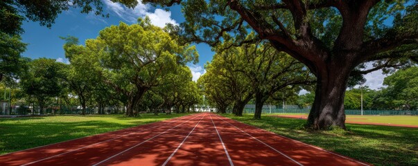 Scenic Running Track Surrounded by Lush Green Trees in Daylight