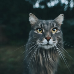 Fototapeta premium Majestic Gaze: A striking close-up of a long-haired gray cat, its yellow eyes captivate, against a blurred natural background, exudes an air of tranquility and mystery.