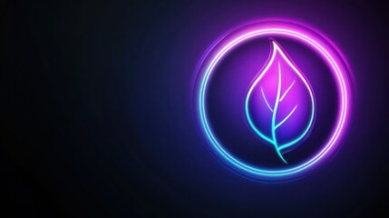 Vibrant neon leaf emblem inside a circular border, glows in pink and blue hues
