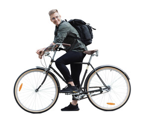 Young handsome man with bike isolated transparent PNG, Full length portrait of smiling student man with bicycle, Modern healthy lifestyle, travel, casual business concept