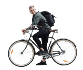 Young handsome man with bike isolated transparent PNG, Full length portrait of smiling student man with bicycle, Modern healthy lifestyle, travel, casual business concept