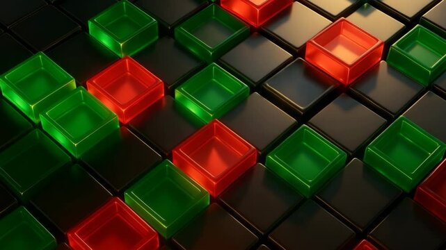 Black History Month Abstract 3D geometric motion background made of cubes in Pan-African flag colors &mdash; red, black, and green.