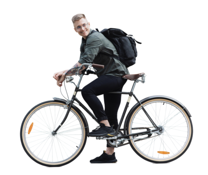 Young handsome man with bike isolated transparent PNG, Full length portrait of smiling student man with bicycle, Modern healthy lifestyle, travel, casual business concept