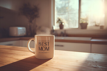 Steaming hot beverage in best mom mug on kitchen counter