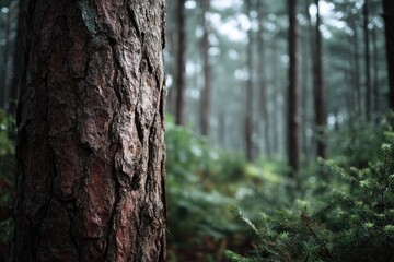 Close-up pine trunk, misty forest