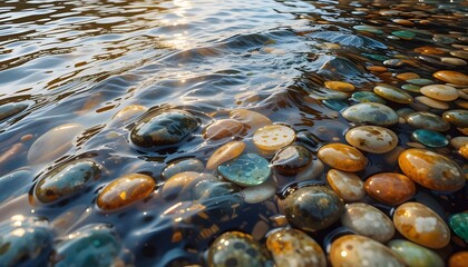 River stones in vivid hues of amber, jade, and pearl shimmer beneath the surface, where rippling water distorts light into dancing patterns.