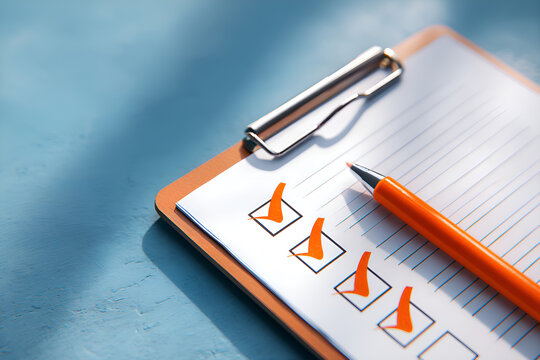 Clipboard with checklist and orange pen on blue table