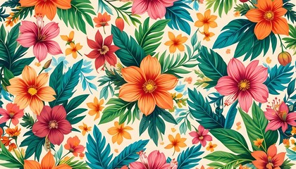 Colorful seamless floral pattern with tropical flowers and leaves, ideal for textile, wallpaper, packaging, and surface design.