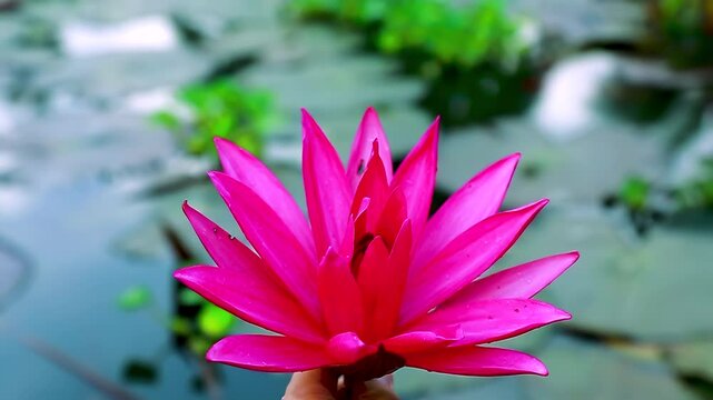 Close-up of vibrant pink water lily: A blooming nymphaea flower held in hand, with soft-focus pond and floating lily pads in the background. Colorful petals contrast with natural backdrop.