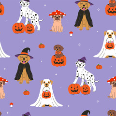 Seamless pattern with cute dogs in Halloween costumes. Vector graphics.