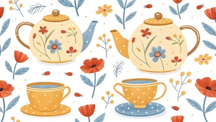 Floral teapot and teacup pattern illustration