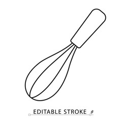 Line style whisk icon with editable stroke. Flat vector outline of kitchen utensil with handle for mixing, stirring, and blending ingredients. Cooking, baking, culinary tool, kitchen object.