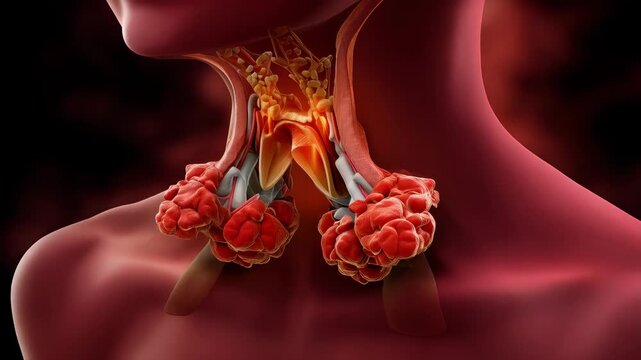 Detailed visual representation of the thyroid gland and parathyroid glands in the neck, illustrating the anatomy of human endocrine system