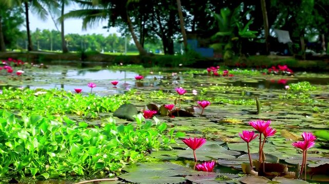 Tropical pond covered with pink water lilies: Blooming nymphaea flowers and lily pads floating on water surrounded by green vegetation and palm trees. Vibrant summer landscape in nature.