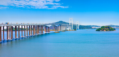 Naklejka premium Aerial view of Humen Bridge in Dongguan City, Guangdong Province, China