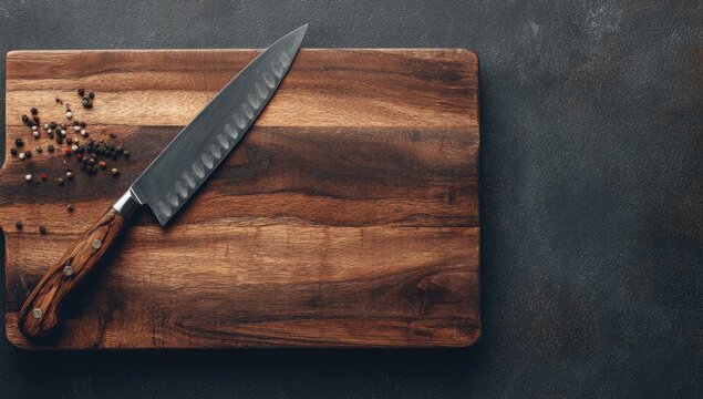 Wooden cutting board with chef's knife and peppercorns