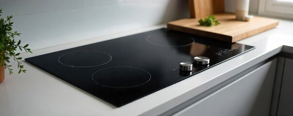 A sleek, modern electric stovetop with gleaming black glass surface and touch controls, ready for cooking Perfect for kitchen appliance websites and magazines , kitchen design, home decor