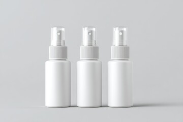 Three blank spray bottles on a plain background