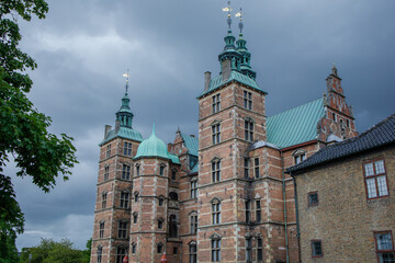 Fototapeta premium Royal Rosenborg castle building in Copenhagen, Denmark close up. Popular touristic attraction with the museum inside in the center of danish capital.