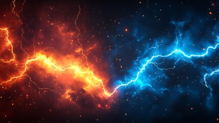 Dynamic energy background with fire and ice lightning bolt effect amidst dark clouds creating intense atmosphere