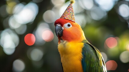 Colorful parrot wearing a festive party hat, perched against a dreamy bokeh background of lights and foliage, capturing a playful and whimsical moment in a natural outdoor setting.