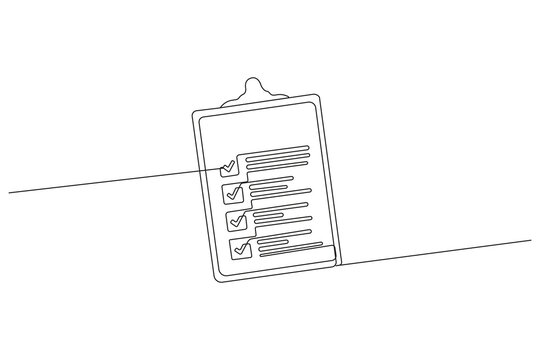 Minimal continuous one line drawing of a clipboard with checklist &ndash; outline vector illustration for productivity, planning, and office-themed designs.
