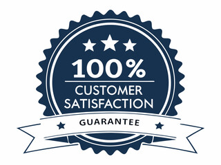100 Percent Customer Satisfaction Guarantee Badge with Stars and Ribbon Emphasizing Quality and Trust Ideal for Business and Marketing Materials Blue and White