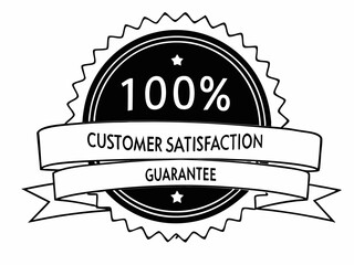 100 Percent Customer Satisfaction Guarantee Badge with Ribbon and Star Emblems Black and White Vector Illustration for Marketing and Promotion