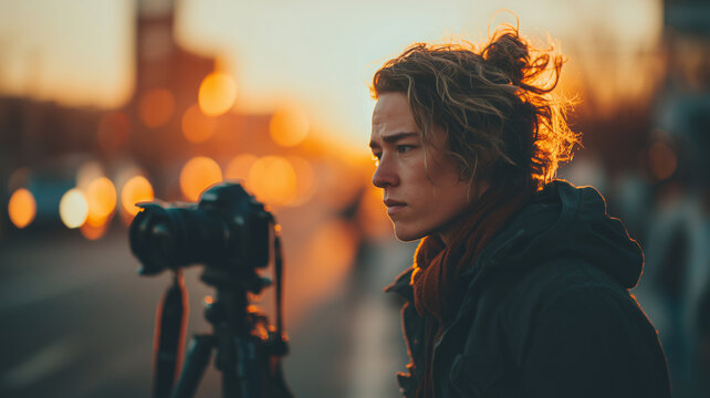 Photographer fine-tuning camera at sunset on a busy street
