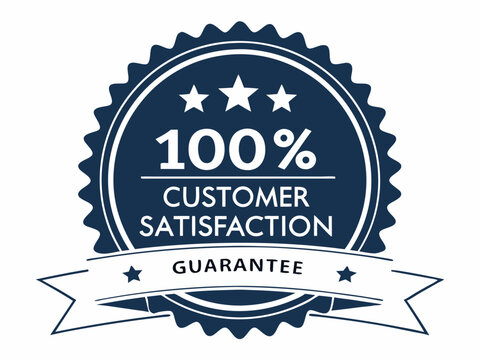 100 Percent Customer Satisfaction Guarantee Badge with Stars and Ribbon Emphasizing Quality and Trust Ideal for Business and Marketing Materials Blue and White