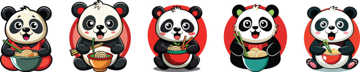 Obraz premium panda eating ramen noodles mascot logo vector illustration