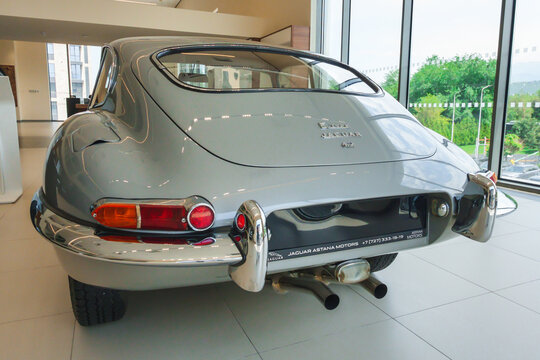 Almaty, Kazakhstan - May 29, 2025: The rear of the Jaguar E-type Series 1 in the showroom