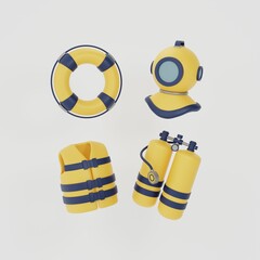 Set of 3d icons of diving equipment. Lifebuoy, life jacket, diver's helmet, scuba gear. Diving, underwater work. 3d rendering.