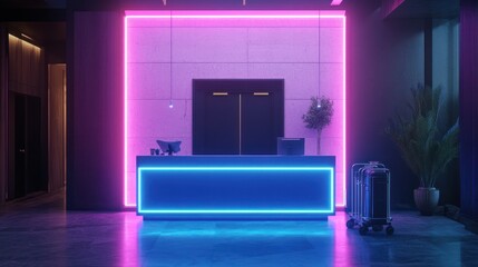 A modern hotel reception area bathed in vibrant pink and blue neon light, featuring a sleek reception desk,  two dark doors, potted plants, and a suitcase, creating a stylish and futuristic atmosphere