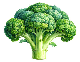 Watercolor illustration of fresh green broccoli. Food clipart illustration.