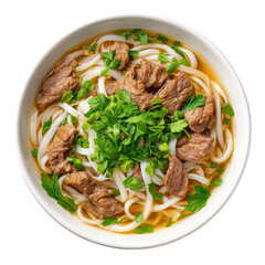 Classic Vietnamese Pho Bowl with Beef Slices, Rice Noodles, Fresh Herbs, and Flavorful Broth