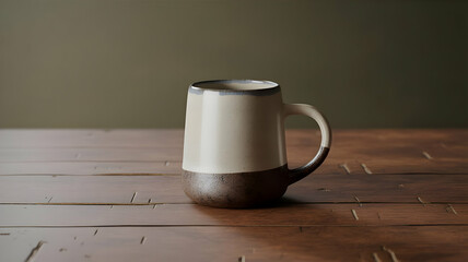 Obraz premium A two toned mug with a handle sitting on a wooden table against a muted green colored wall