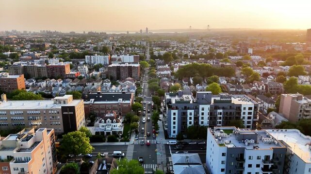 Drone view of central Brooklyn with mid-rise apartment buildings, surrounding houses, and city skyline in the distance during sunset, creating a layered urban landscape