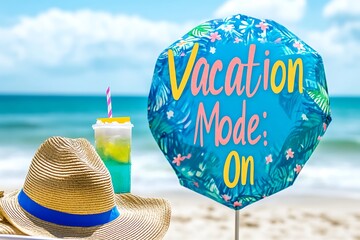 Featuring sunscreen, a beach hat, umbrella, and “vacation mode” text.