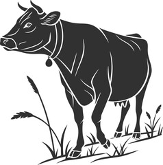 Elegant Black and White Vector Illustration of a Cow Grazing in a Pastoral Setting with Stylish Details and Natural Surroundings